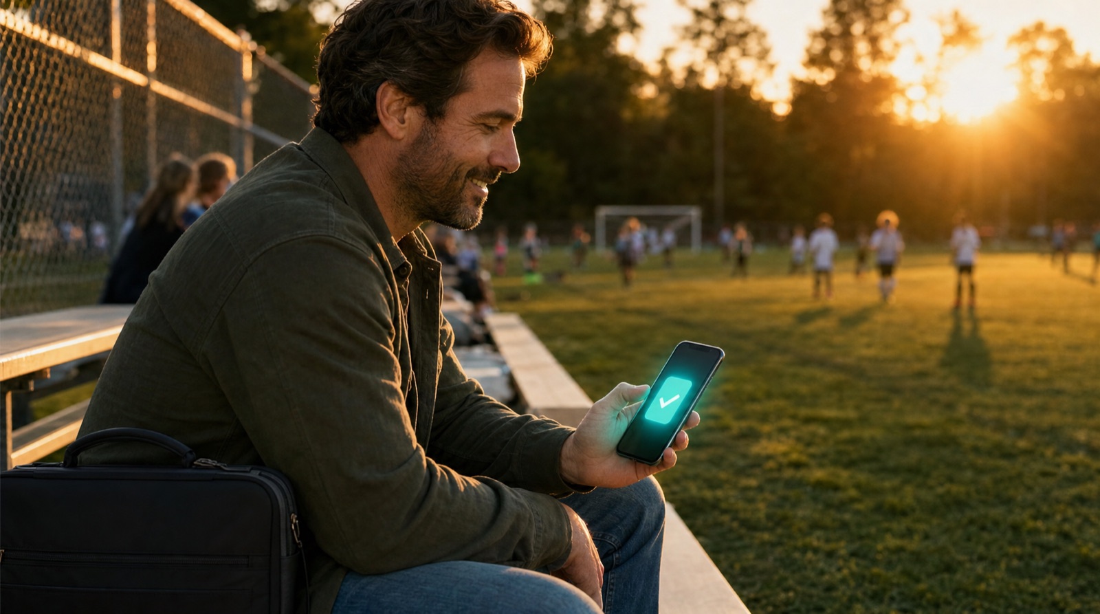 A dad at his kid's game while a retainer payment lands on his phone